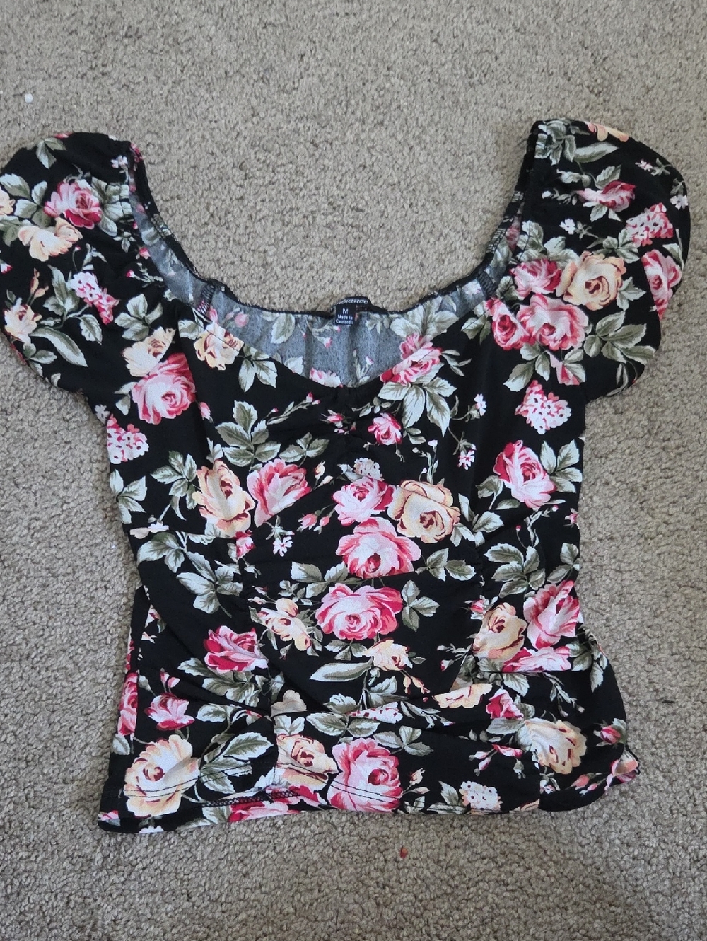 Ambiance Black Floral Puff-Sleeve Blouse with Pink Roses